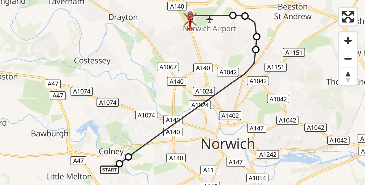 Flight route Air Ambulance Helicopter Norfolk & Norwich Hospital - Norwich Airport, 20 July 2026, 21:10
