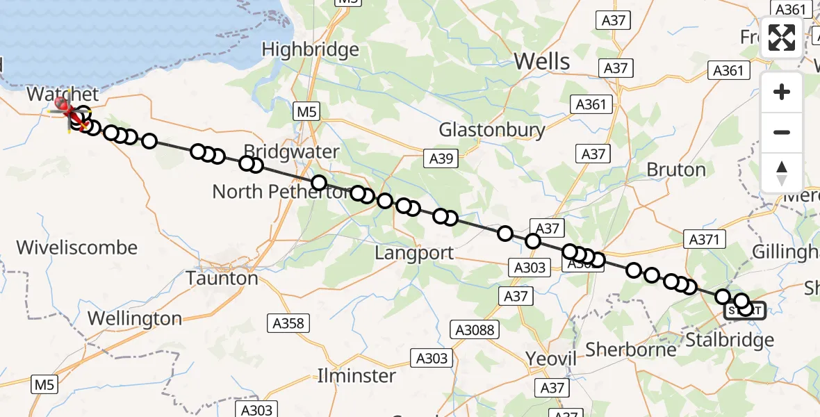 Flight route Air Ambulance Helicopter Henstridge Airfield - Williton, 20 July 2026, 21:25