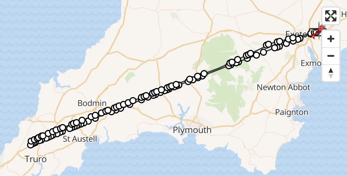 Flight route Air Ambulance Helicopter Exeter International Airport - Exeter International Airport, 20 July 2026, 21:53