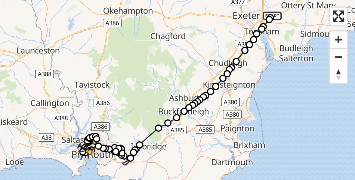 Flight route Police Helicopter Exeter International Airport - Morice Town, 20 July 2026, 22:01