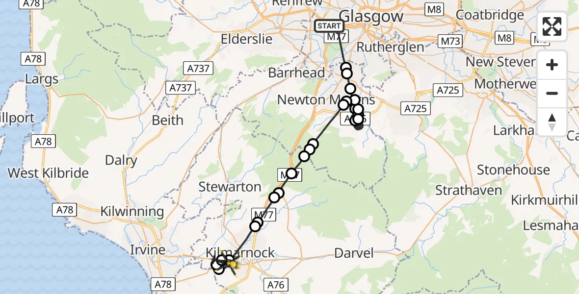 Flight route Police Helicopter Glasgow - Earlston, 20 July 2026, 22:21