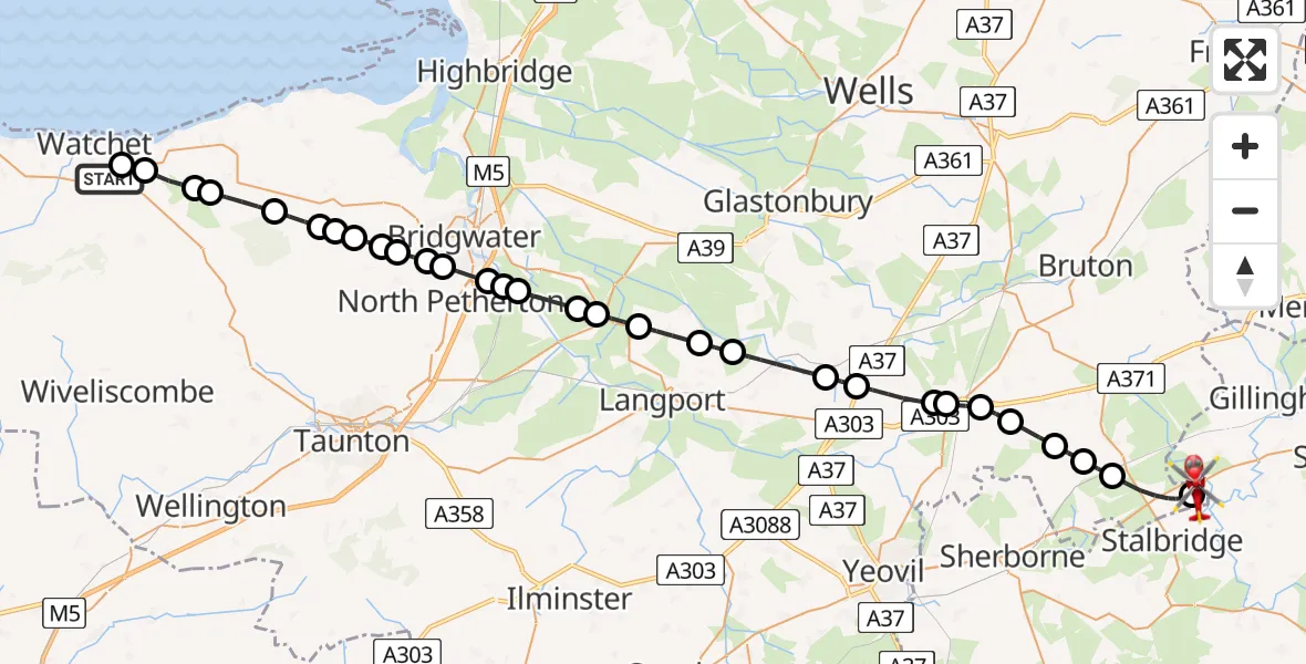 Flight route Air Ambulance Helicopter Williton - Henstridge Airfield, 20 July 2026, 22:35