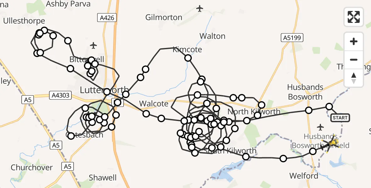 Flight route Police Helicopter Husbands Bosworth Airfield - Harborough, 20 July 2026, 22:48