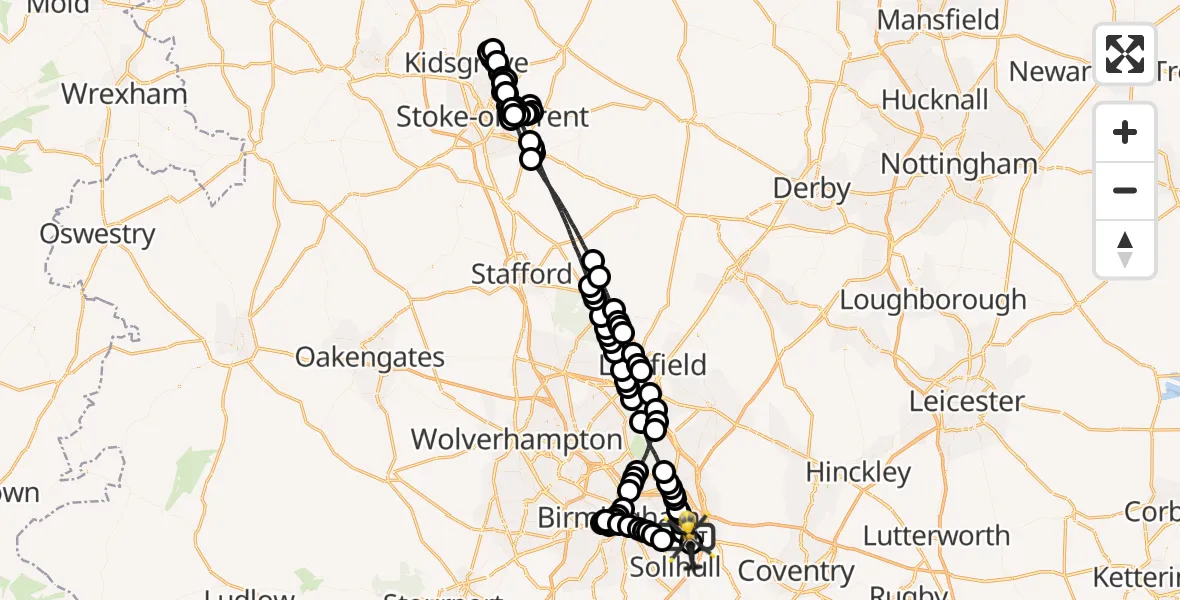 Flight route Police Helicopter Birmingham Airport - Solihull, 20 July 2026, 22:50