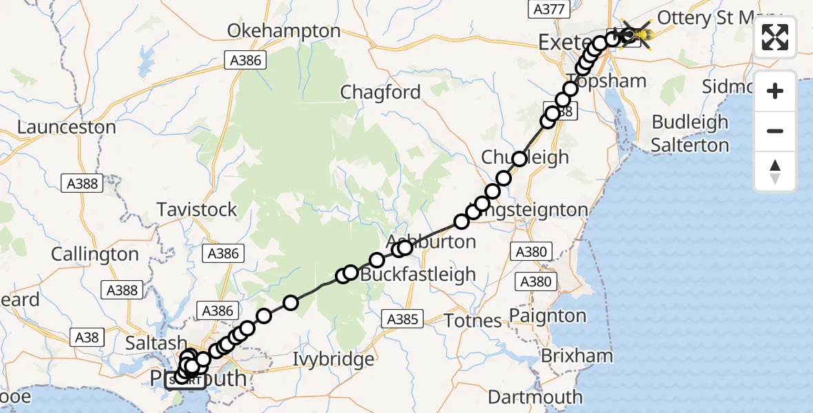 Flight route Police Helicopter Stonehouse - Exeter International Airport, 20 July 2026, 23:11