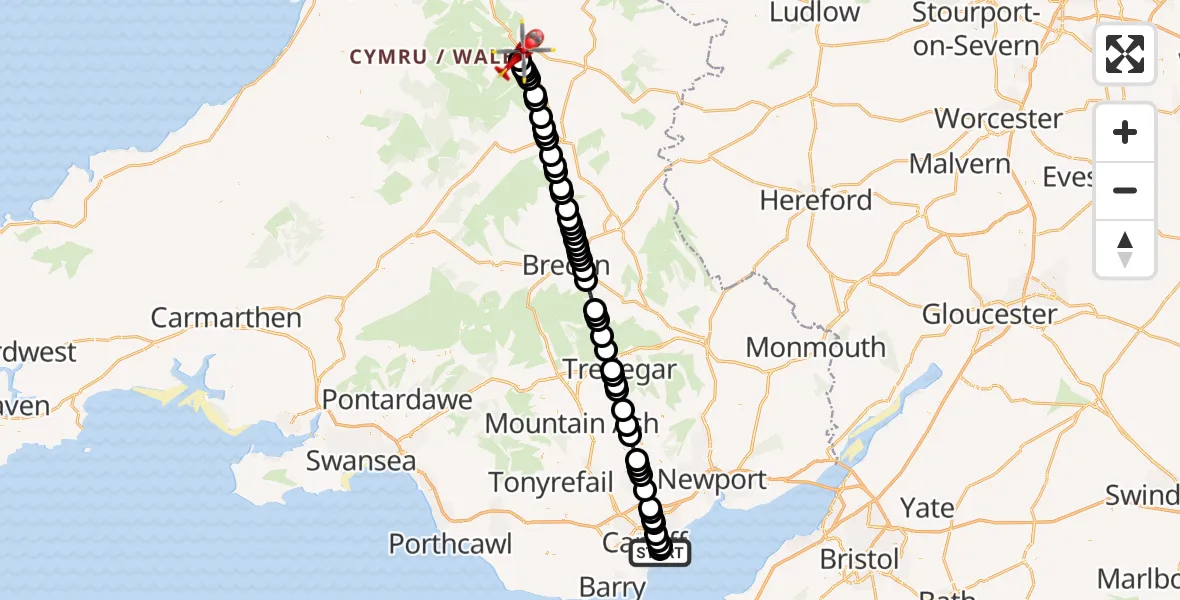 Flight route Air Ambulance Helicopter Cardiff Heliport - Rhayader, 21 July 2026, 02:29
