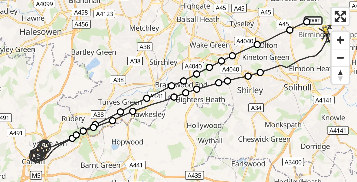 Flight route Police Helicopter Birmingham Airport - Solihull, 21 July 2026, 02:34