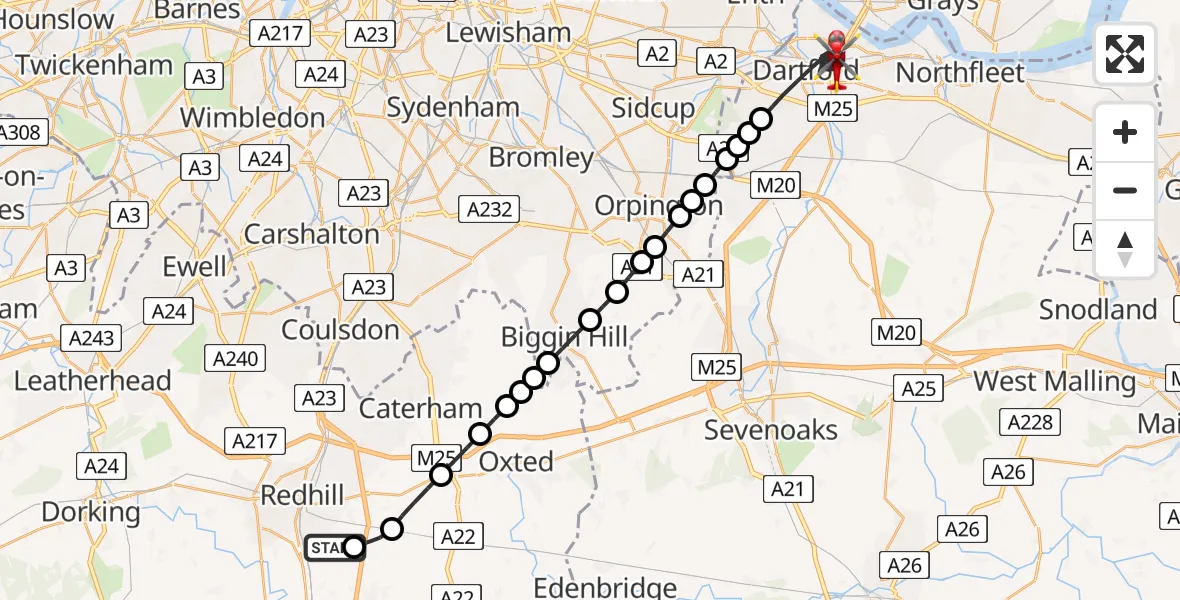 Flight route Air Ambulance Helicopter Redhill Aerodrome - Dartford, 21 July 2026, 03:56