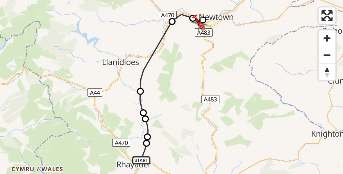 Flight route Air Ambulance Helicopter Rhayader - Milford, 21 July 2026, 04:09