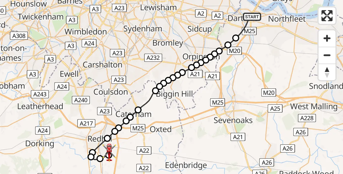 Flight route Air Ambulance Helicopter Dartford - Redhill Aerodrome, 21 July 2026, 04:58