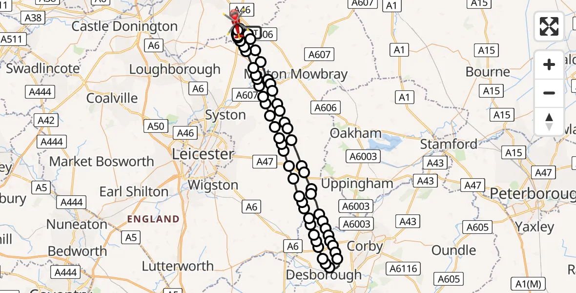 Flight route Air Ambulance Helicopter Hickling - Widmerpool, 21 July 2026, 05:43