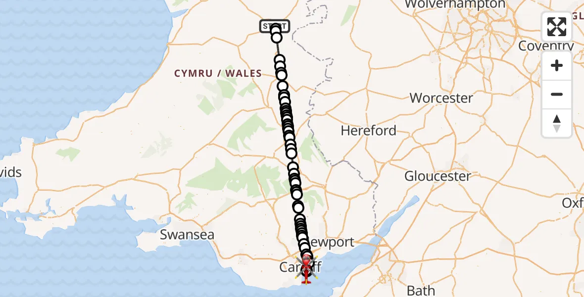 Flight route Air Ambulance Helicopter Stepaside - Cardiff Heliport, 21 July 2026, 06:07