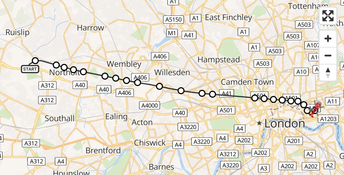 Flight route Air Ambulance Helicopter RAF Northolt - Royal London Hospital, 21 July 2026, 06:35
