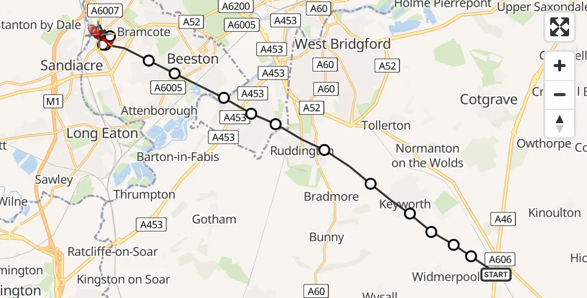 Flight route Air Ambulance Helicopter Hickling - Stapleford, 21 July 2026, 06:40