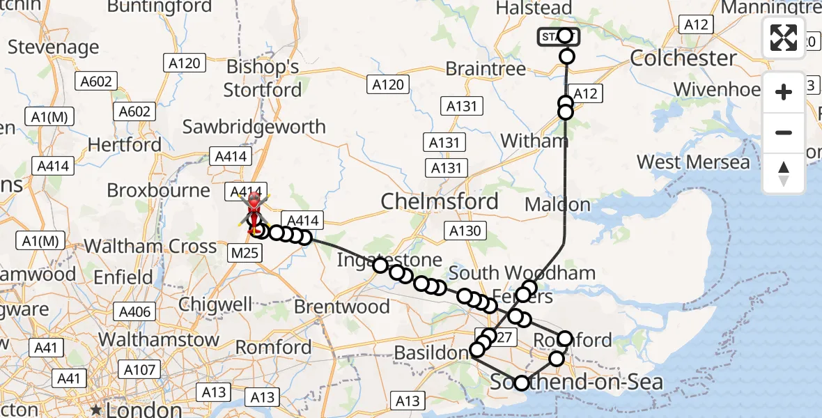 Flight route Air Ambulance Helicopter Earls Colne Airfield - North Weald Airfield, 21 July 2026, 07:32