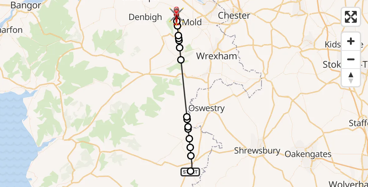 Flight route Air Ambulance Helicopter Welshpool Airport - Cilcain, 21 July 2026, 07:35