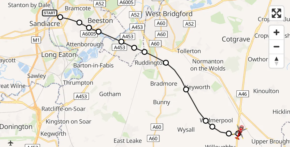 Flight route Air Ambulance Helicopter Sandiacre - Nottingham Heliport, 21 July 2026, 07:36