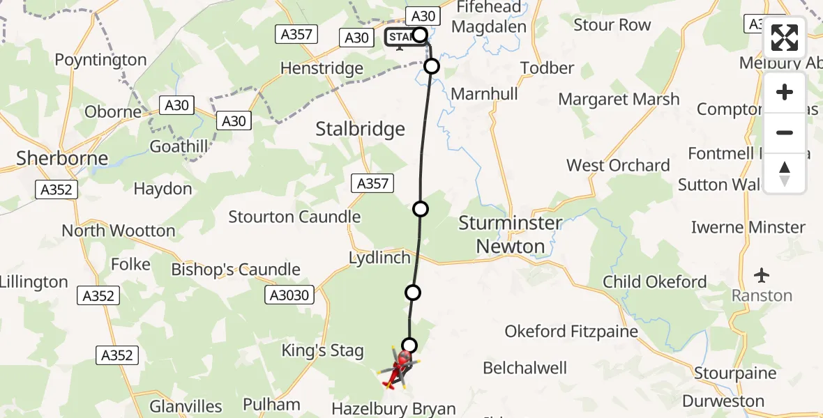 Flight route Air Ambulance Helicopter Henstridge Airfield - Hazelbury Bryan, 21 July 2026, 07:50