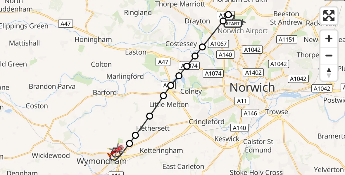 Flight route Air Ambulance Helicopter Norwich Airport - Wymondham, 21 July 2026, 08:03