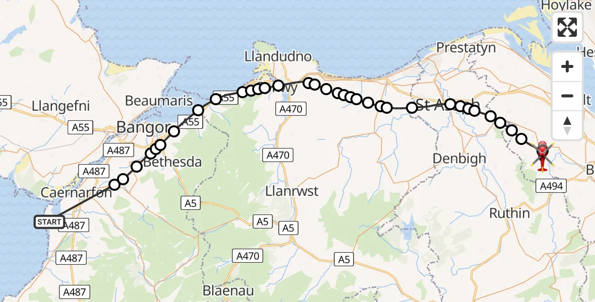 Flight route Air Ambulance Helicopter Caernarfon Airport - Cilcain, 21 July 2026, 08:19