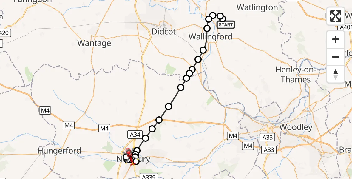 Flight route Air Ambulance Helicopter RAF Benson - Newbury, 21 July 2026, 08:26
