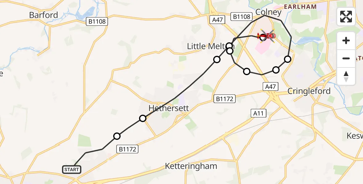 Flight route Air Ambulance Helicopter Wymondham - Norfolk & Norwich Hospital, 21 July 2026, 08:41