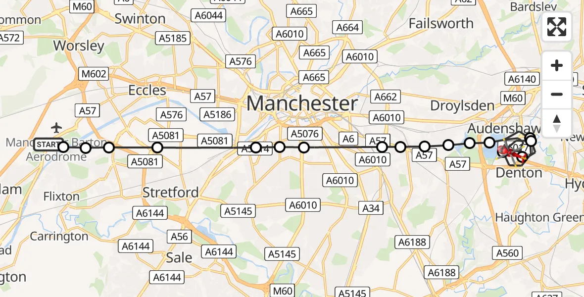Flight route Air Ambulance Helicopter Manchester Barton Aerodrome - Audenshaw, 21 July 2026, 08:49