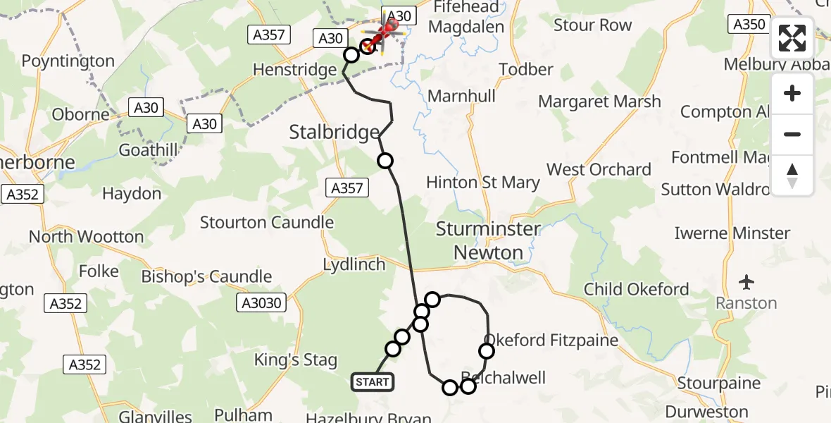 Flight route Air Ambulance Helicopter Hazelbury Bryan - Henstridge Airfield, 21 July 2026, 08:58