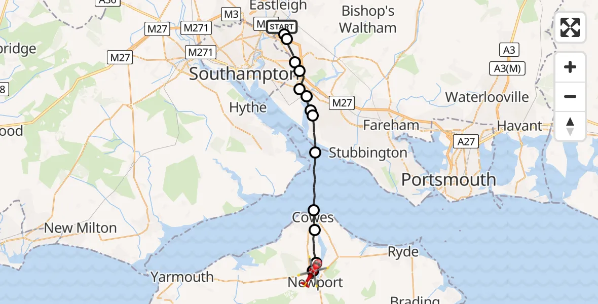 Flight route Air Ambulance Helicopter Eastleigh - Newport, 21 July 2026, 08:58