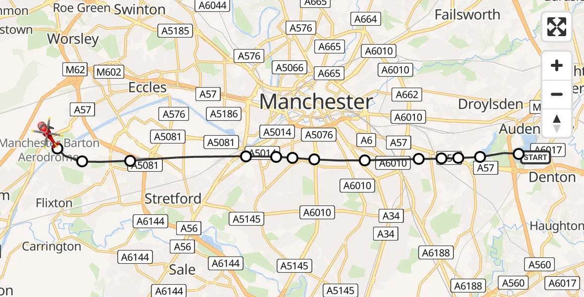 Flight route Air Ambulance Helicopter Audenshaw - Manchester Barton Aerodrome, 21 July 2026, 09:15