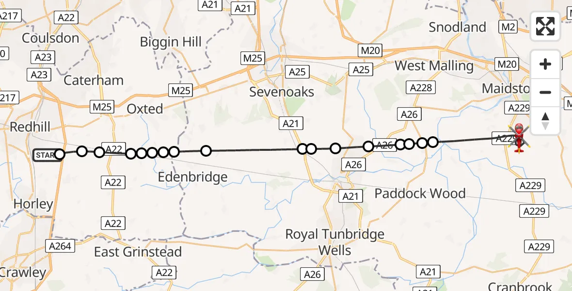 Flight route Air Ambulance Helicopter Redhill Aerodrome - Maidstone, 21 July 2026, 09:20
