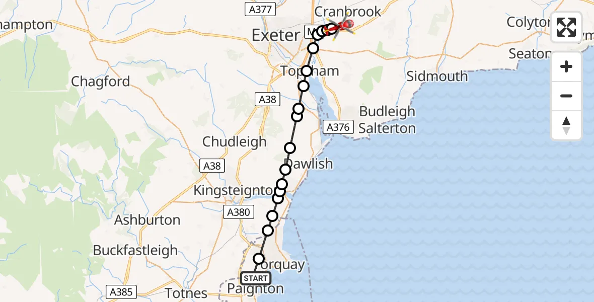Flight route Air Ambulance Helicopter Paignton - Exeter International Airport, 21 July 2026, 09:25
