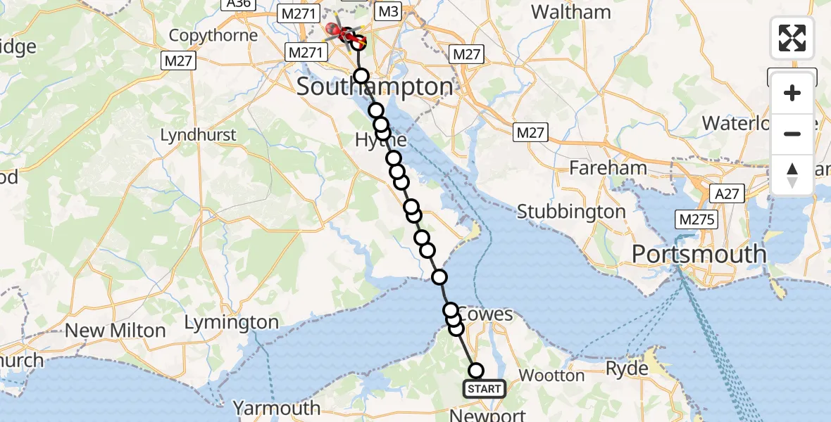 Flight route Air Ambulance Helicopter Newport - University Hospital Southampton, 21 July 2026, 09:39