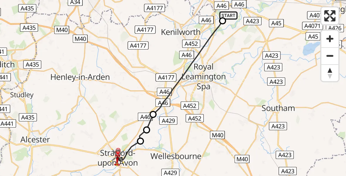 Flight route Air Ambulance Helicopter Coventry Airport - Stratford-upon-Avon, 21 July 2026, 09:44