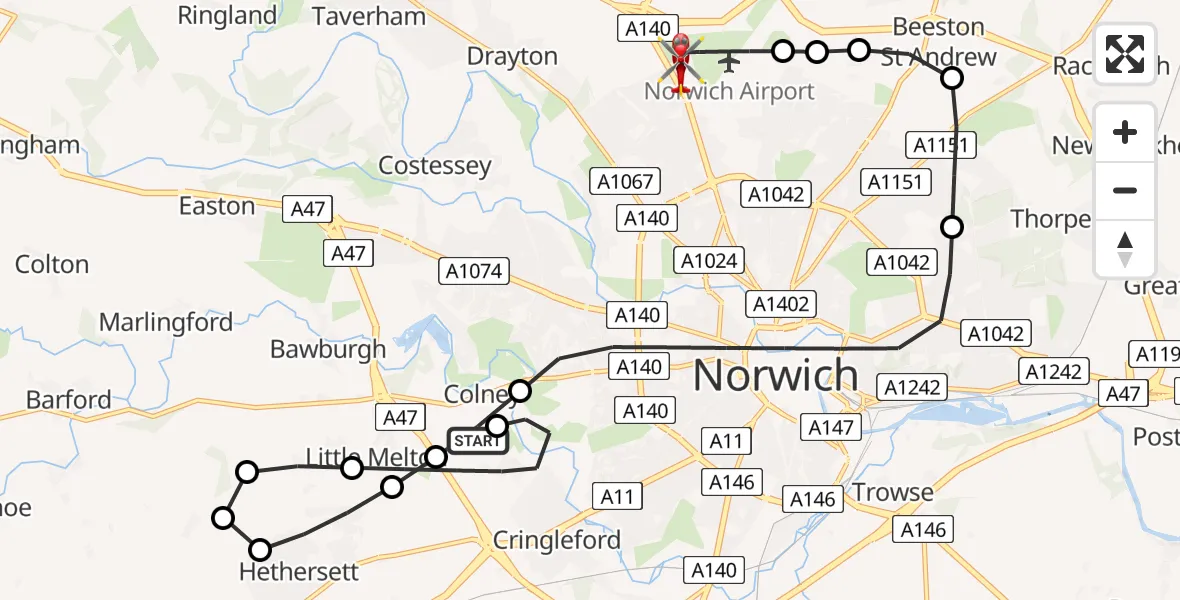 Flight route Air Ambulance Helicopter Norfolk & Norwich Hospital - Norwich Airport, 21 July 2026, 09:47