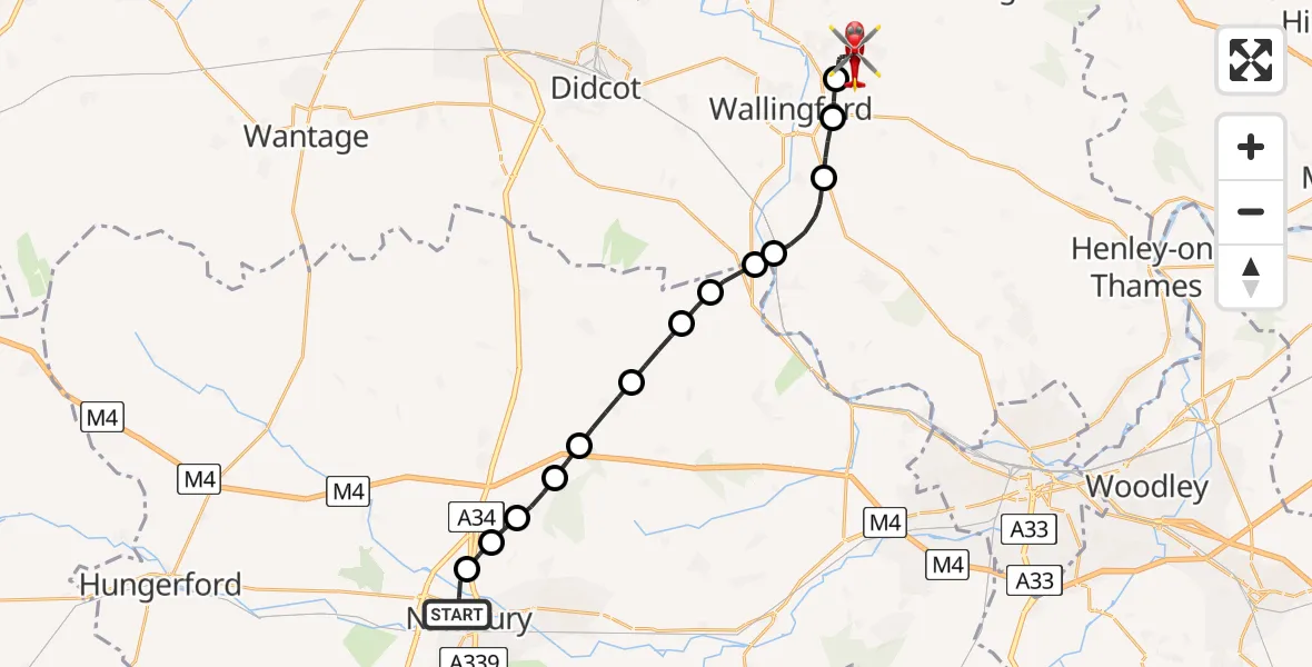 Flight route Air Ambulance Helicopter Newbury - RAF Benson, 21 July 2026, 09:47