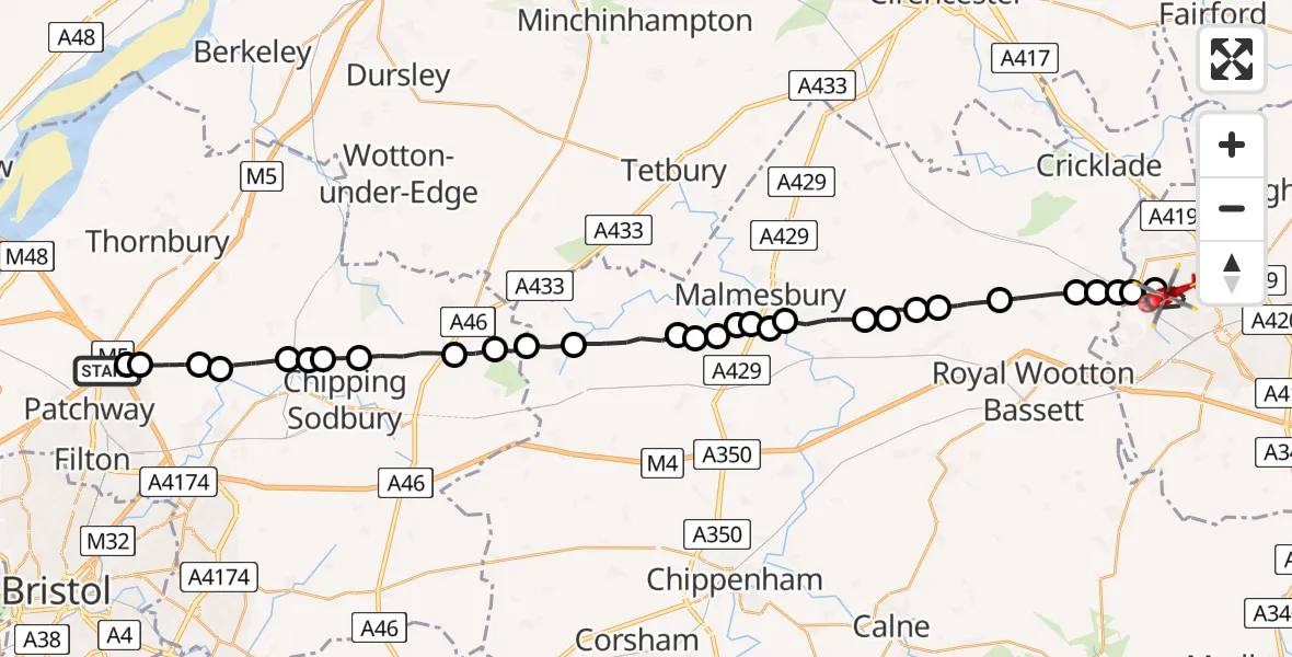 Flight route Air Ambulance Helicopter Almondsbury Helicopter Base - Swindon, 21 July 2026, 09:47