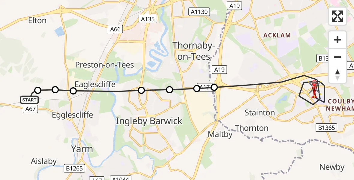 Flight route Air Ambulance Helicopter Egglescliffe - Middlesbrough, 21 July 2026, 09:49