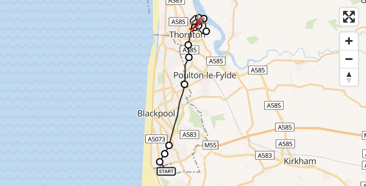 Flight route Air Ambulance Helicopter Blackpool Airport - Little Thornton, 21 July 2026, 10:03