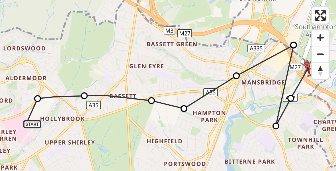 Flight route Air Ambulance Helicopter University Hospital Southampton - Southampton Airport, 21 July 2026, 10:07