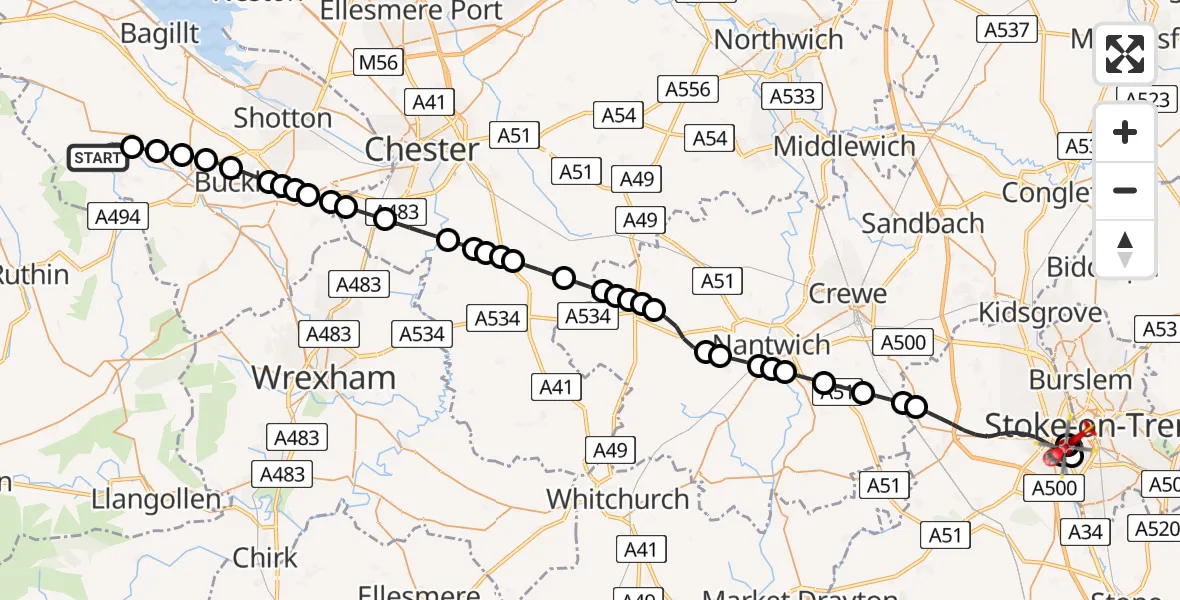 Flight route Air Ambulance Helicopter Cilcain - Stoke, 21 July 2026, 10:09
