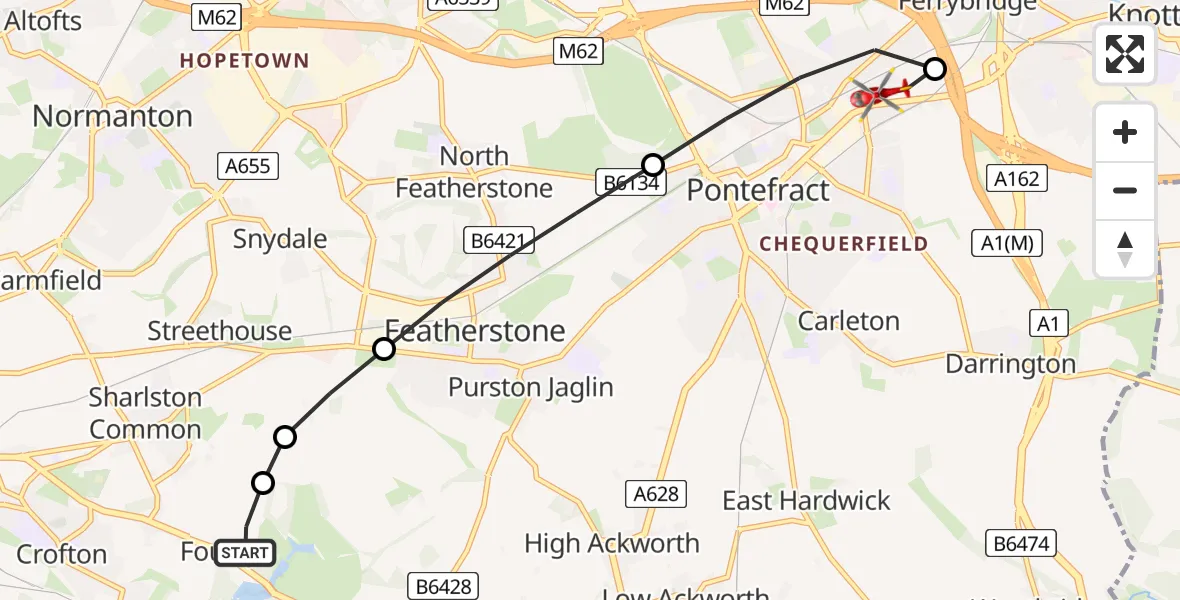 Flight route Air Ambulance Helicopter YAA Nostell Helicopter Port - Ferrybridge, 21 July 2026, 10:16