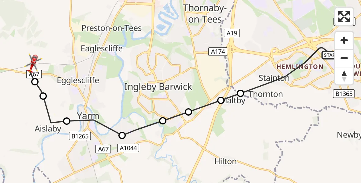 Flight route Air Ambulance Helicopter Middlesbrough - Egglescliffe, 21 July 2026, 10:21