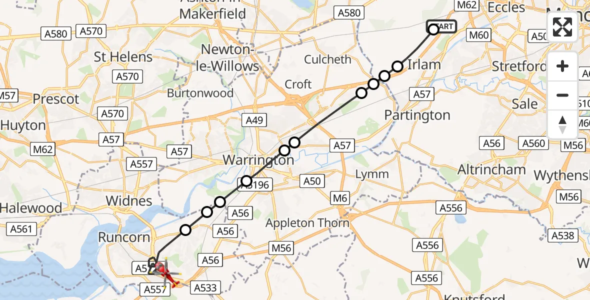 Flight route Air Ambulance Helicopter Irlam - Runcorn, 21 July 2026, 10:29