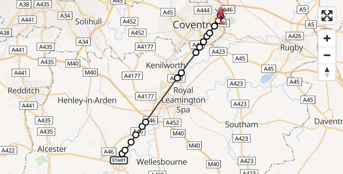 Flight route Air Ambulance Helicopter Stratford-upon-Avon - Walsgrave, 21 July 2026, 10:37