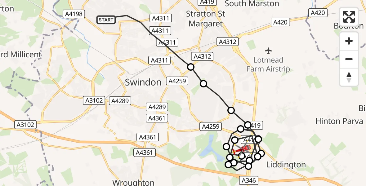 Flight route Air Ambulance Helicopter Swindon - Great Western Hospital, 21 July 2026, 10:38
