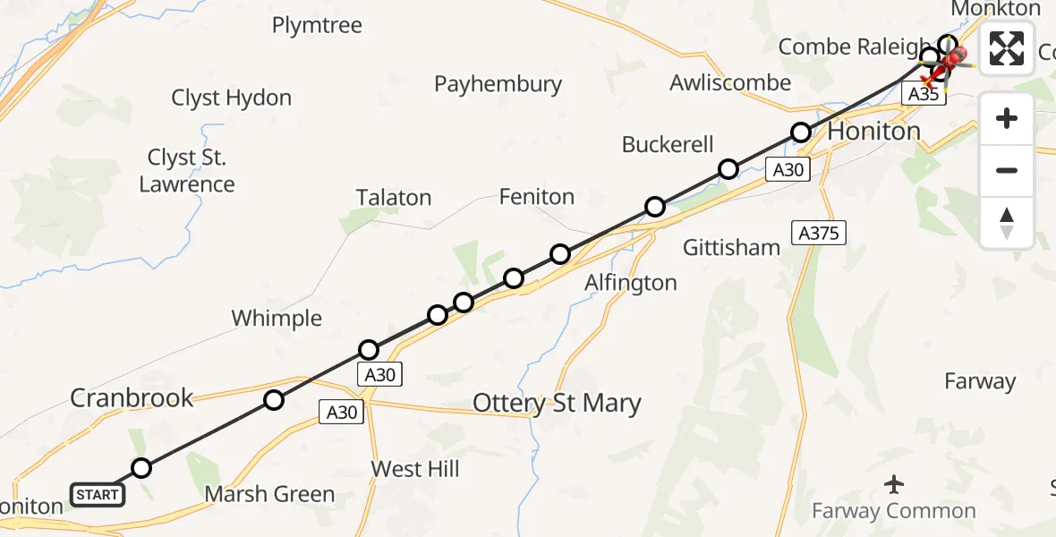 Flight route Air Ambulance Helicopter Exeter International Airport - Monkton, 21 July 2026, 10:39