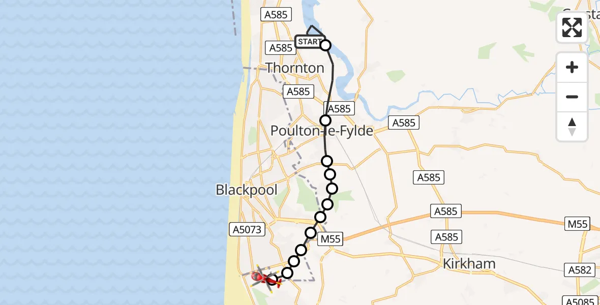 Flight route Air Ambulance Helicopter Thornton - Blackpool Airport, 21 July 2026, 10:40