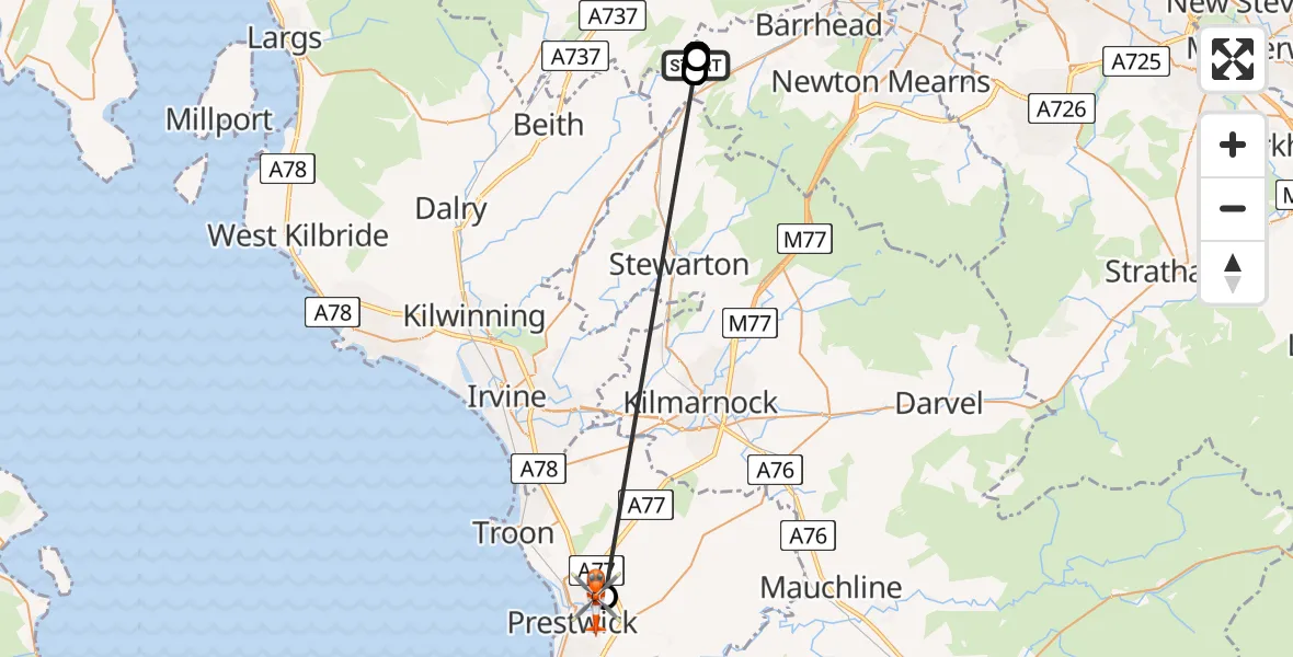 Flight route Coastguard Helicopter East Renfrewshire - Glasgow Prestwick Airport, 21 July 2026, 10:44