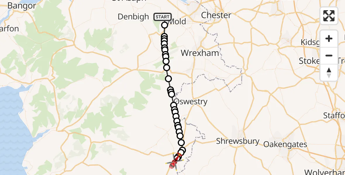 Flight route Air Ambulance Helicopter Cilcain - Welshpool Airport, 21 July 2026, 10:45